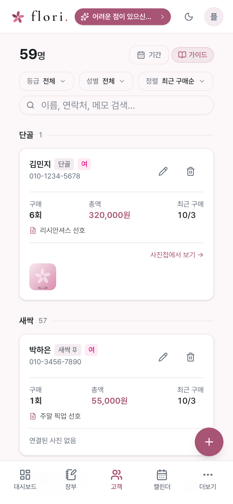고객별 구매 횟수·총액이 보이는 고객 목록