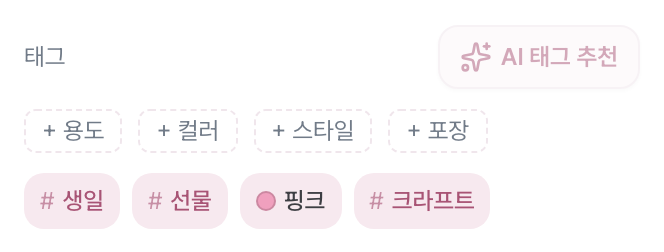 매출 등록 창의 태그 칸 — + 용도·+ 컬러·+ 스타일·+ 포장 버튼과 고른 #생일 #선물 핑크 #크라프트 태그, 오른쪽 위 AI 태그 추천 버튼